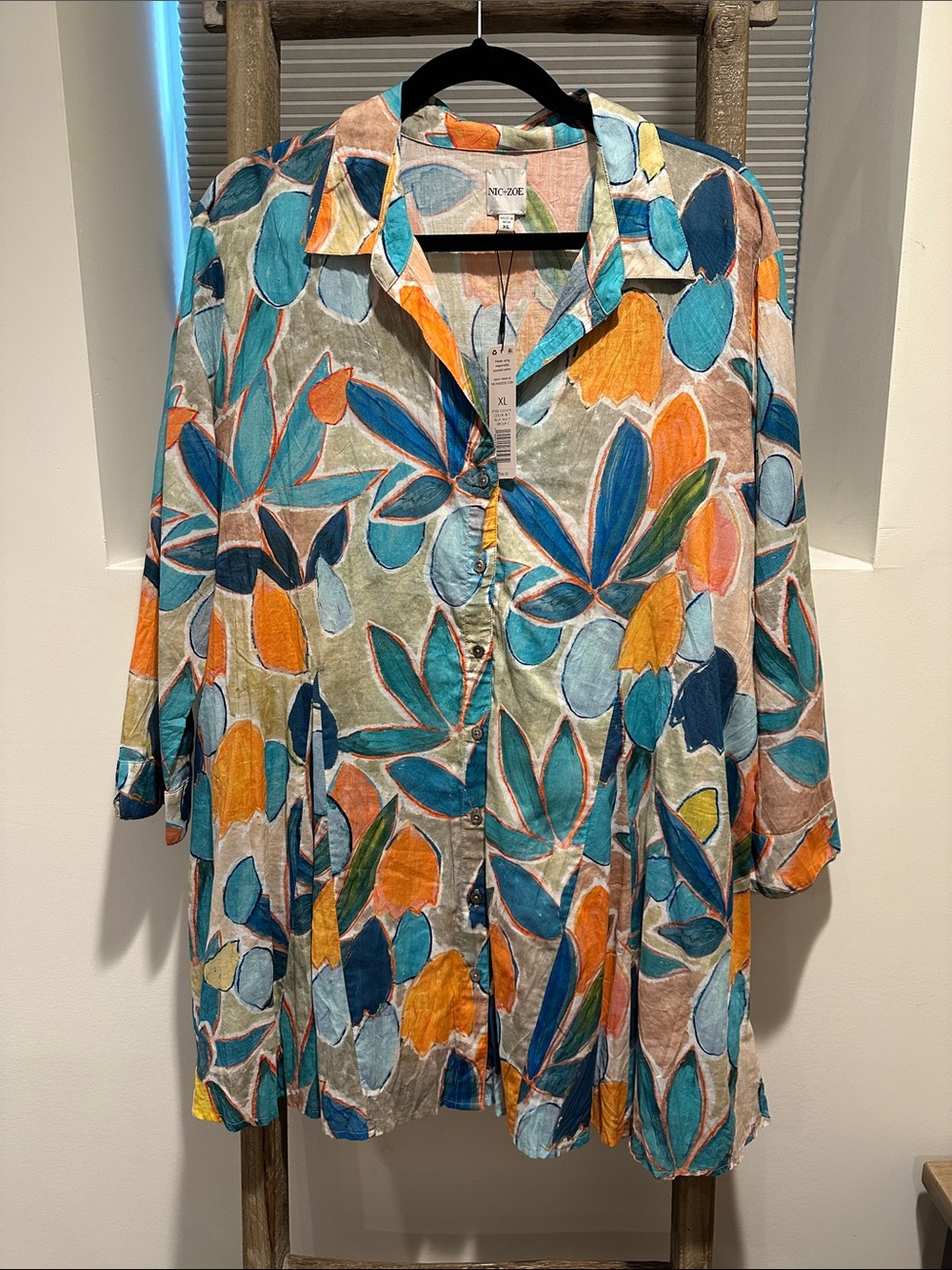 NIC+ZOE Teal Orange Blue Floral Button-Down Shirt
